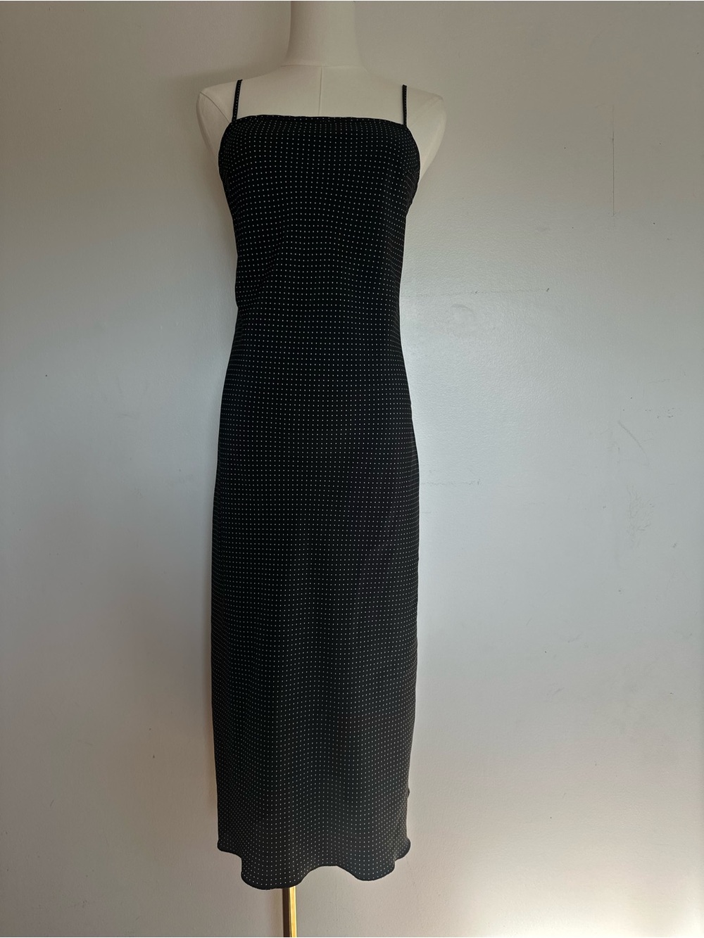 VTG 90s Black Polka Dot Slip Dress Midi Square Neck Grunge Alt Goth Corporate M